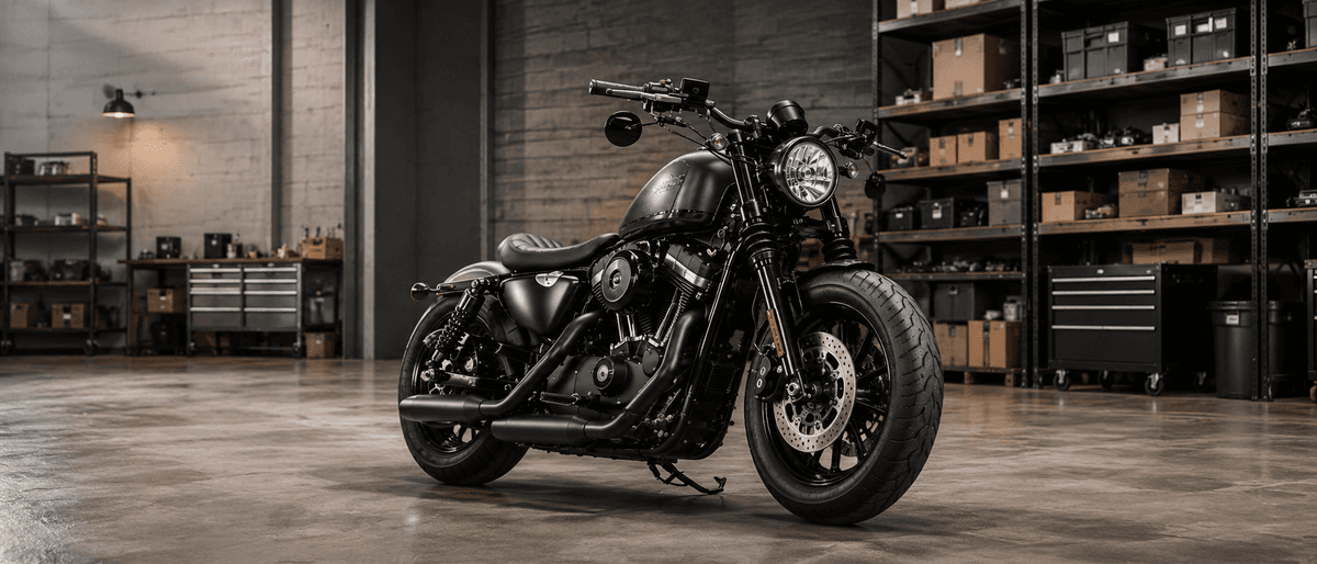 Black V-twin motorcycle in a workshop