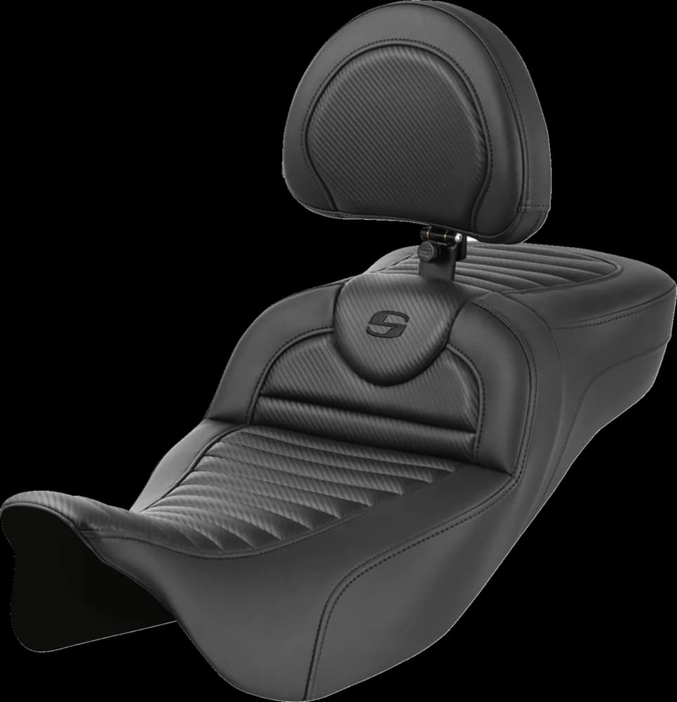 Saddlemen RoadSofa Extended Reach seat with driver backrest and tuck-and-roll stitching